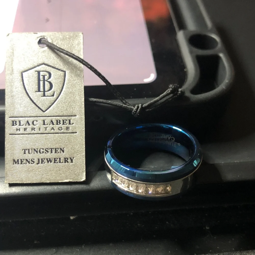 Blac Label Heritage Blue Tungsten Men’s Ring with Clear Stones